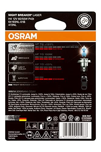 Osram Ampul Night Breaker Laser H4 12V 60/55W%150'ye kadar Fazla Işık 150M'ye kadar Fazla Görüş Açısı,%20'ye kadar Beyaz Işık ‎64193NL-01B