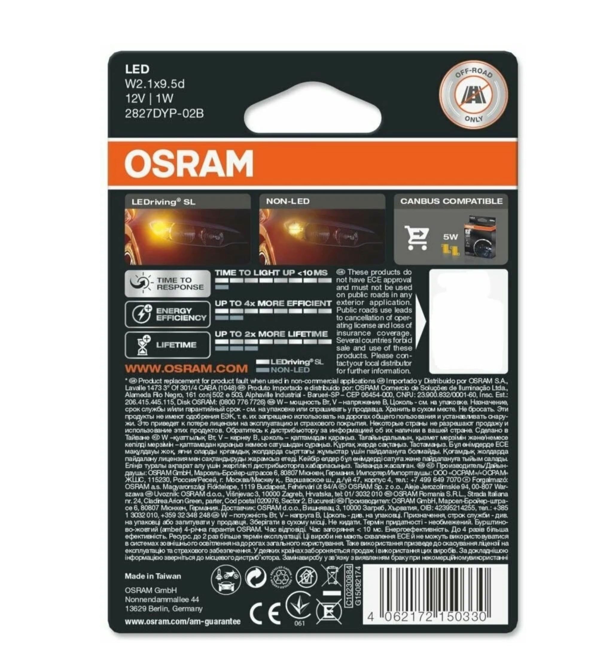 Osram T10 LED Turuncu Dipsiz WY5W Park ve Sinyal Ampülü 4 Yıl Garantili 2827-02B