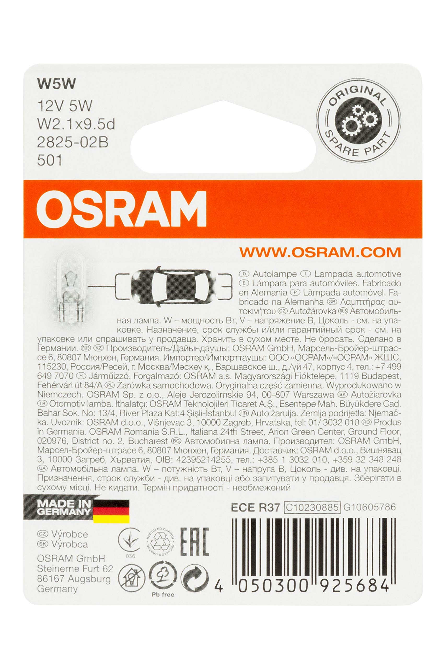 (Double Blister, Cool Blue Intense) - OSRAM COOL BLUE INTENSE W5W halogen, licence plate position light, 2825HCBI-02B, 12 V passenger car, double blister (2 unit)