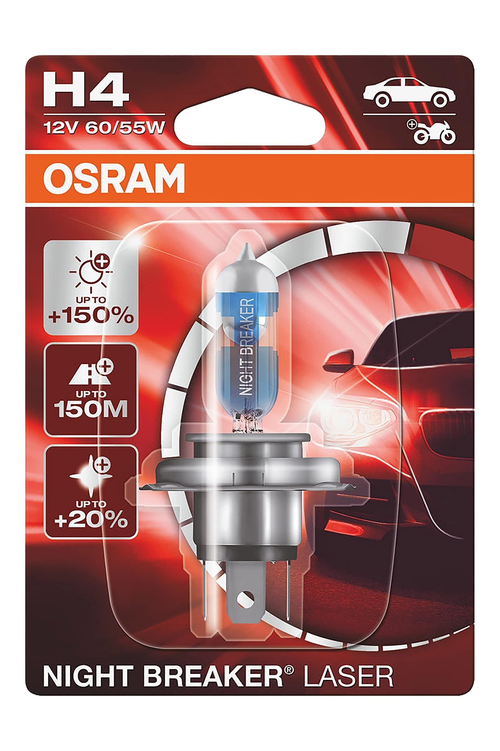 Osram Ampul Night Breaker Laser H4 12V 60/55W%150'ye kadar Fazla Işık 150M'ye kadar Fazla Görüş Açısı,%20'ye kadar Beyaz Işık ‎64193NL-01B
