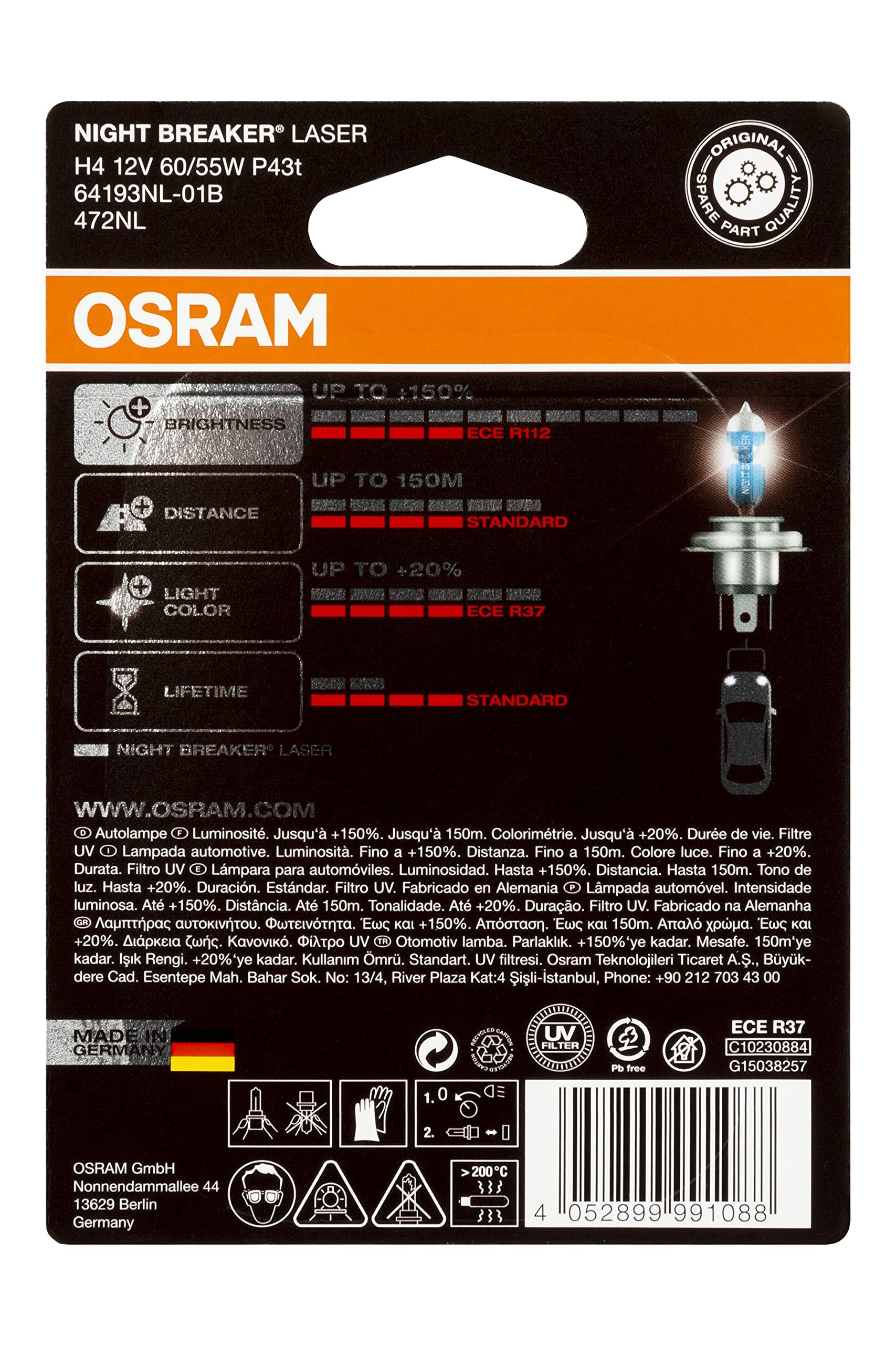 Osram Ampul Night Breaker Laser H4 12V 60/55W%150'ye kadar Fazla Işık 150M'ye kadar Fazla Görüş Açısı,%20'ye kadar Beyaz Işık ‎64193NL-01B