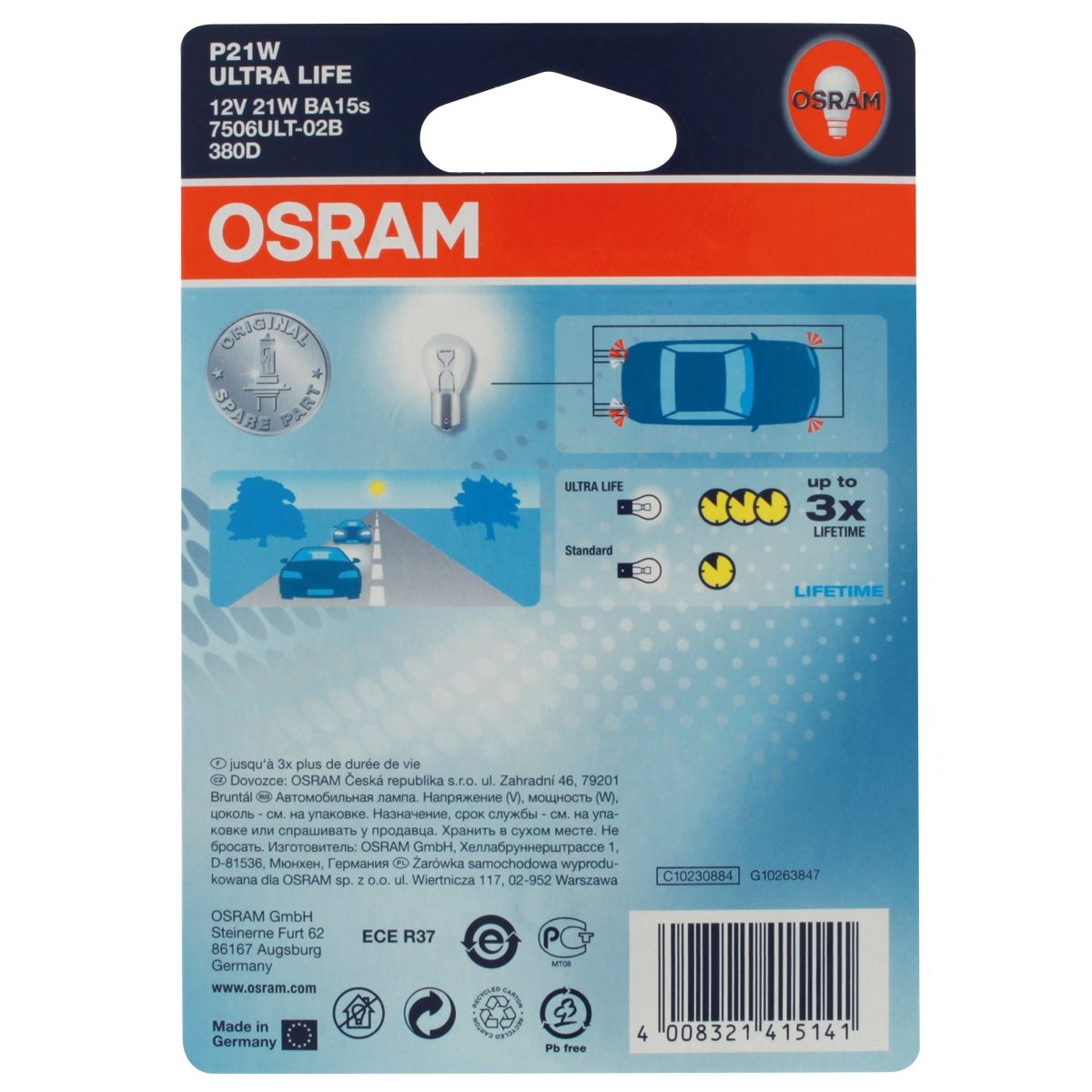 Osram Ultra Life P21 W Fren/Sinyal/Uç ve yedekleme İşık 7506ult 02B dayanıklı, çift blister medium beyaz 7506ULT-02B