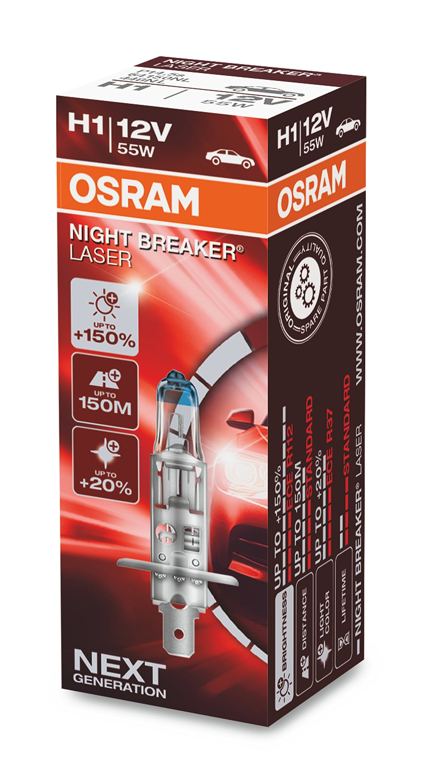 Osram Ampul Night Breaker Laser H1 12V 55W%100'ye kadar Fazla Işık 150M'ye kadar Fazla Görüş Açısı,%20'ye kadar Beyaz Işık 64150NL