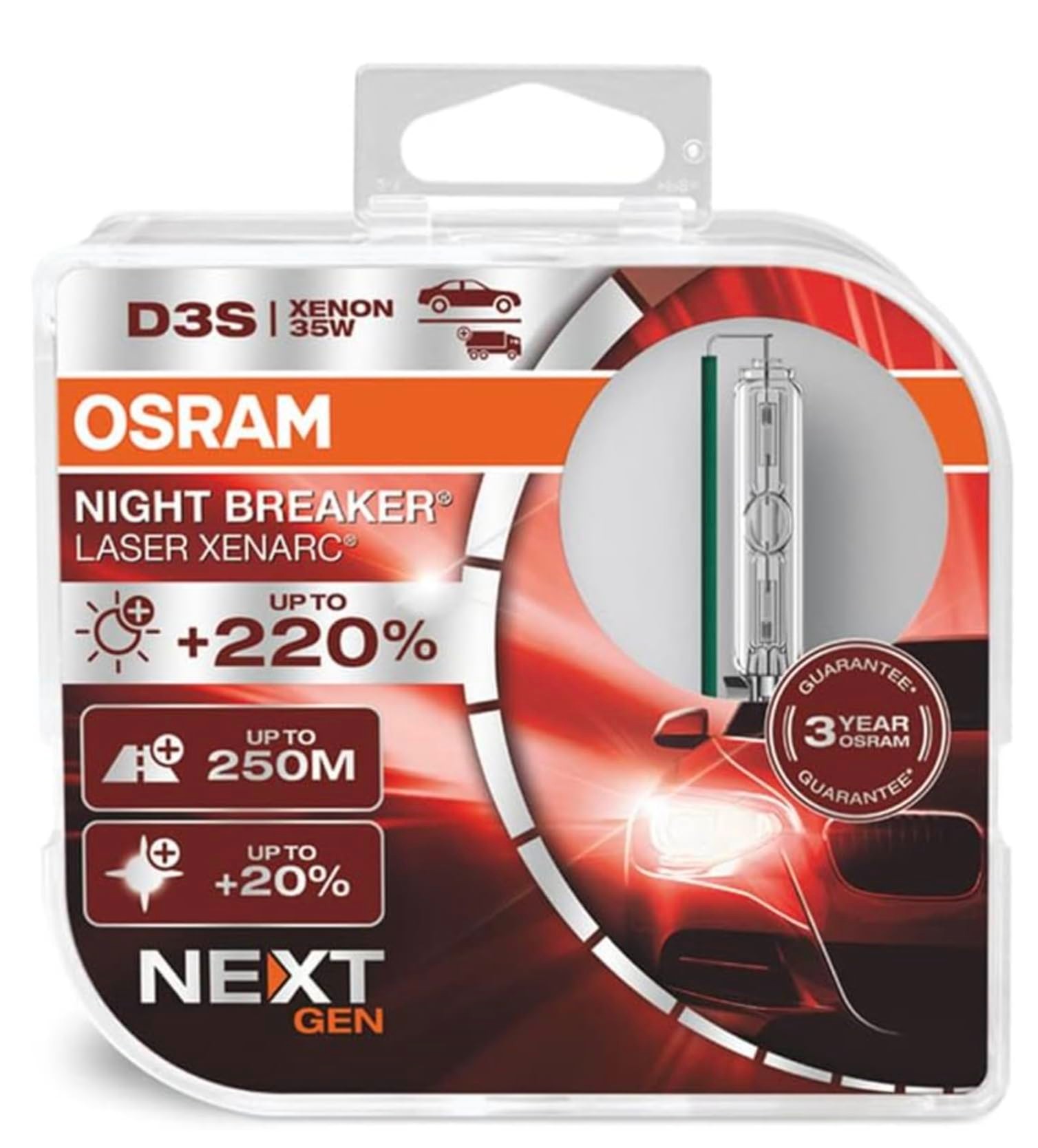 OSRAM D3S XENARC NIGHT BREAKER LASER Xenon Far Ampulü,%220 Daha Fazla Görüş, 250 Metre Görüş Mesafesi, 3 Yıl Garanti, 2'li Paket