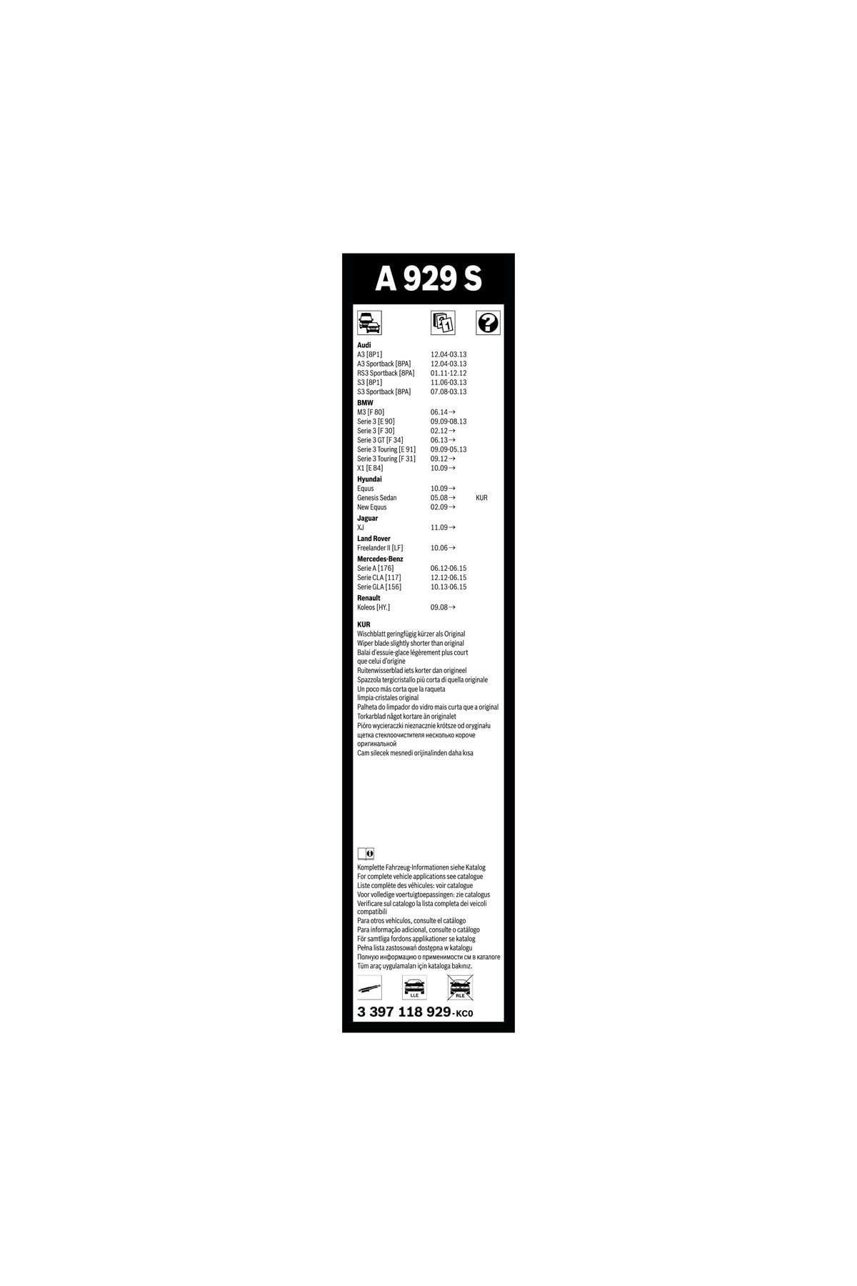 Bosch Aerotwin silecek seti - [600/475 mm] MERCEDES-BENZ Serie A (2012-2015) [176] #A929S