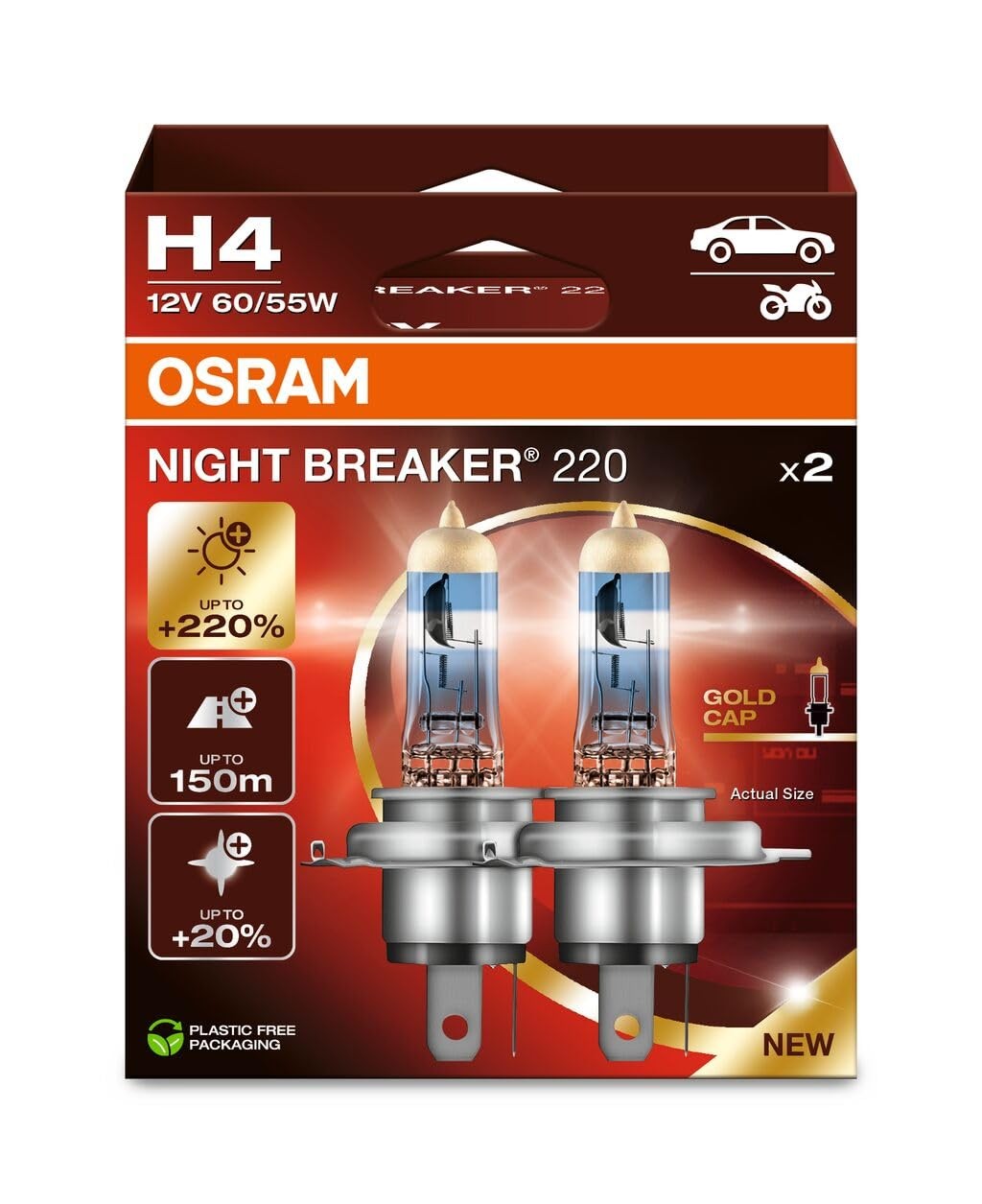 Osram H4 Night Braker 220 Ampul, 12V,%220 Fazla Işık, 2'li Paket