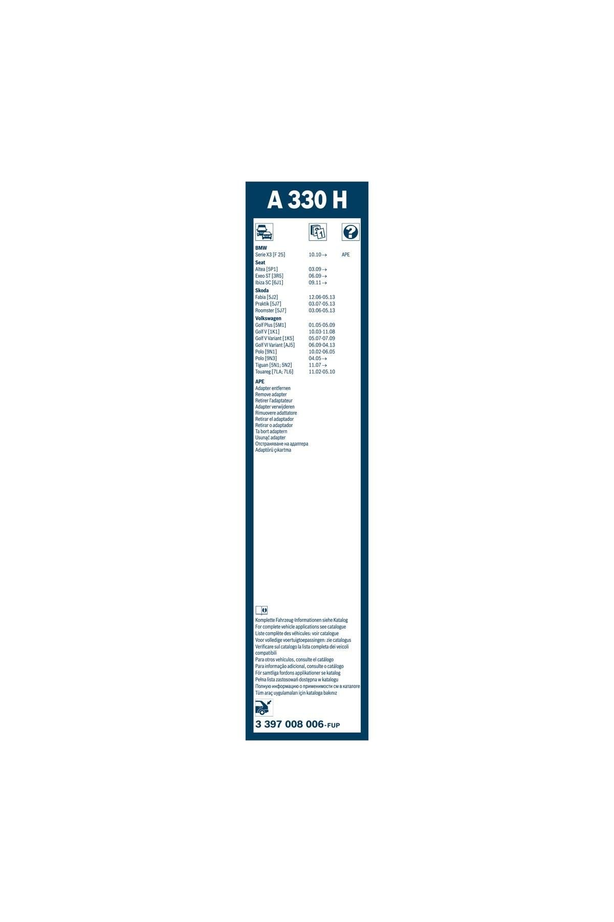 Bosch Arka Cam Sileceği - [330 mm] VW (VOLKSWAGEN) Golf V Variant (2007-2009) [1K5] #A330H