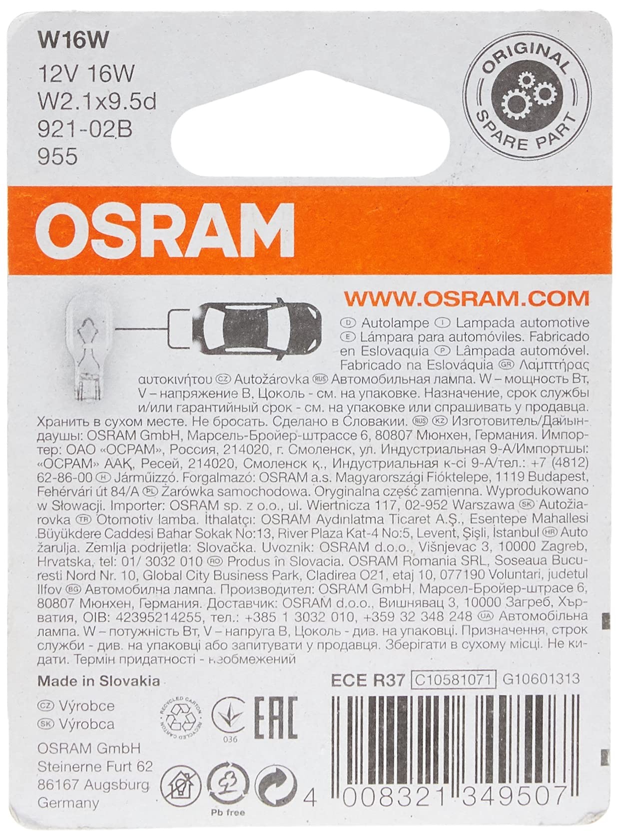Osram ORİJİNAL 921-02B OSRAM lamba W16W, kuyruk ampuller, 12V W2.1x9.5d