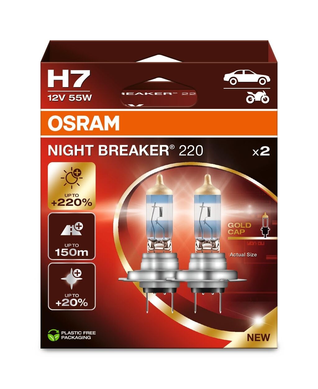 Osram H7 Night Breaker Ampuller, 12V, 220% Fazla Işık, 2'li Paket