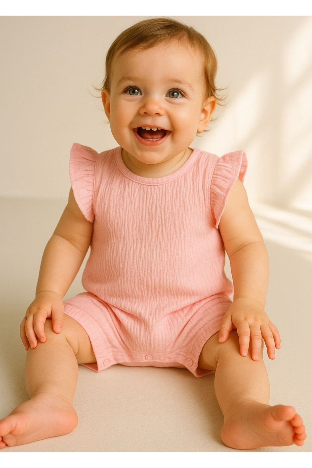 Drape Kumaş Kolu Fırfırlı Kız Bebek Şort Tulum
