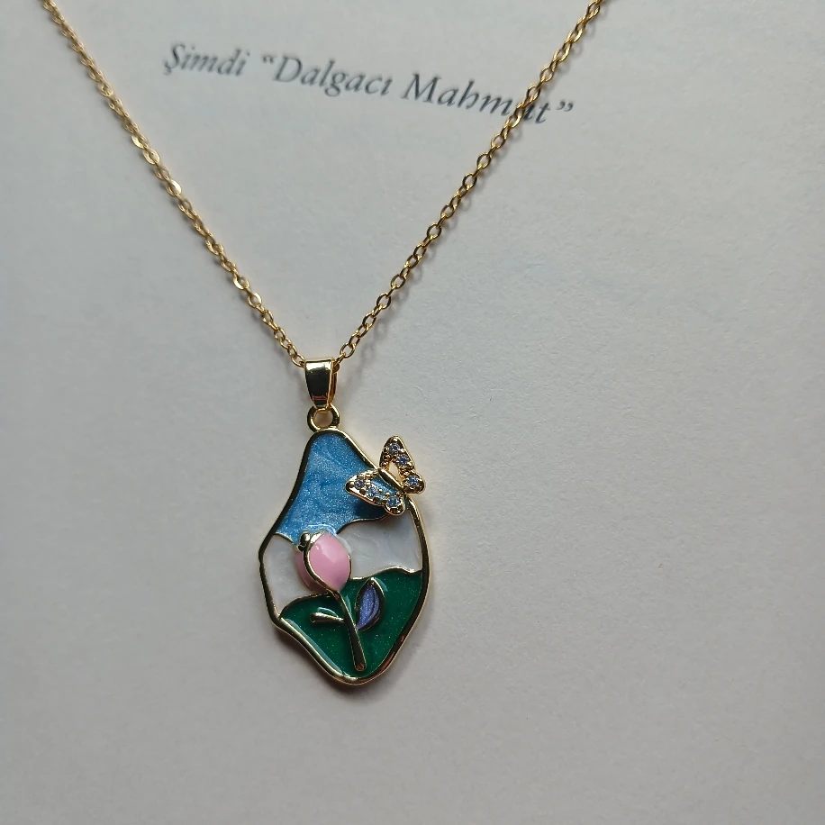 Altın Kaplama Paslanmaz Çelik Mavi Yeşil Pembe Laleli Kelebekli Sanat Tablo Kadın Gold Levha Kolye