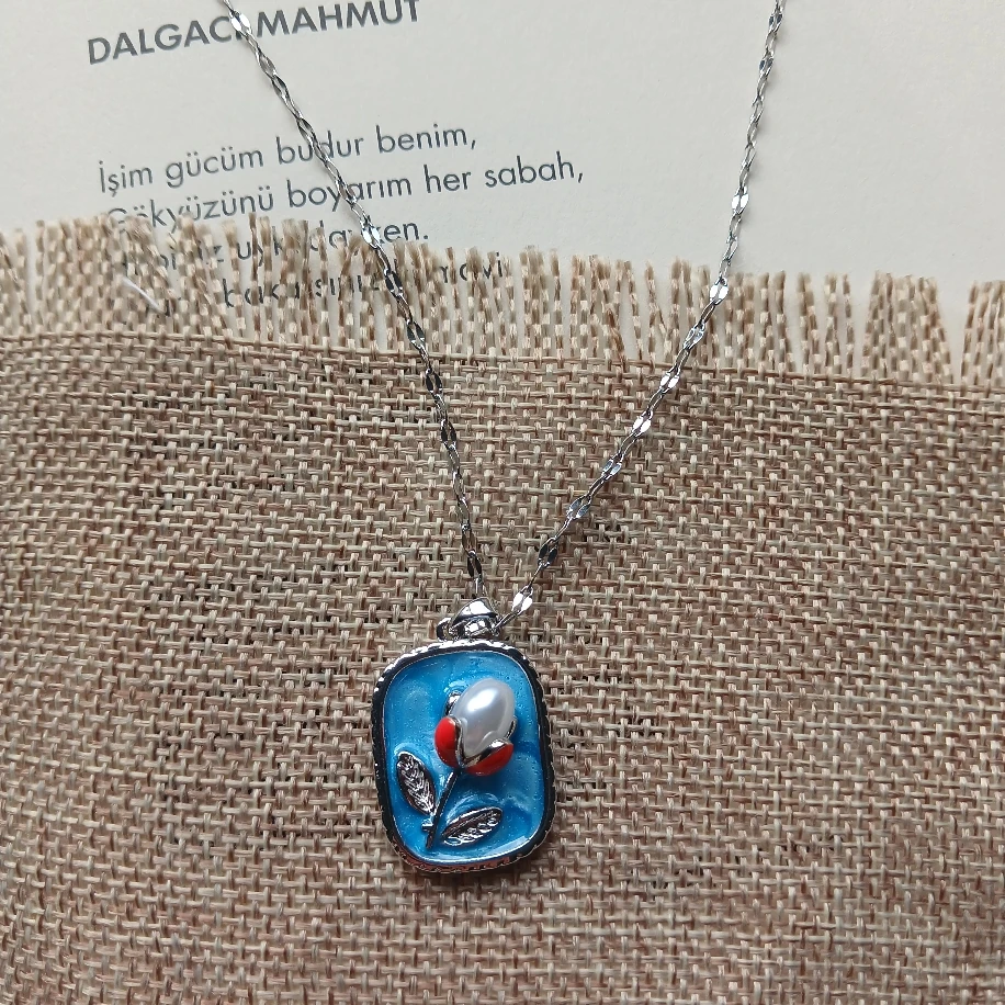 201 Paslanmaz Çelik Silver GümüşTurkuaz Lale Çiçek Detaylı Mavi Sanat Kolye