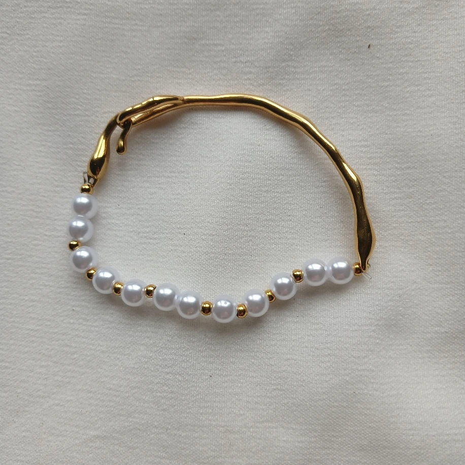 18K Altın Kaplama Bileklik 304 Paslanmaz Çelik İmitasyon İnci Lastik Bileklik