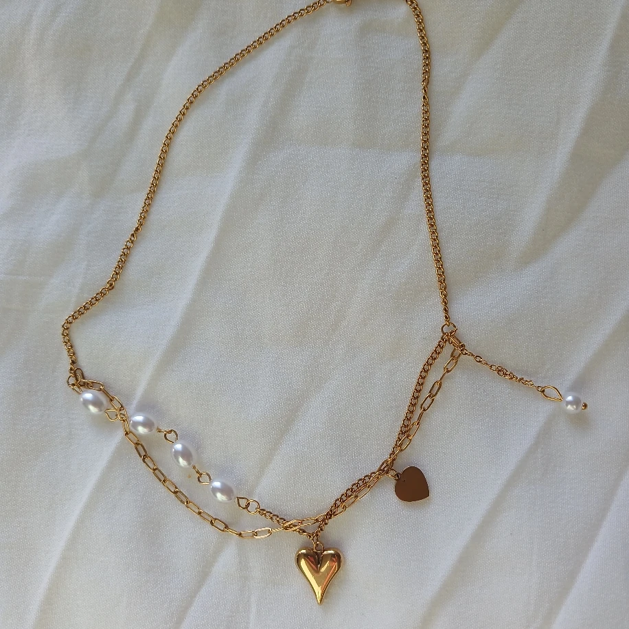 Altın Kaplama Paslanmaz Çelik Katmanlı İncili Kalp Kadın Gold Vintage Retro Kolye