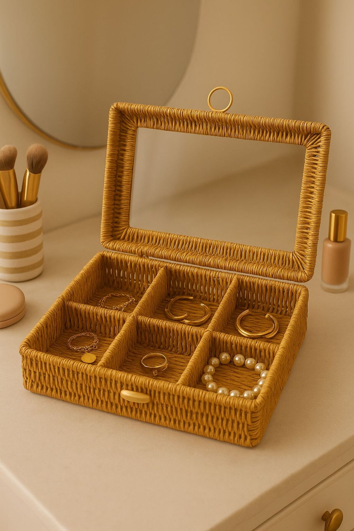 "6 Bölmeli Doğal Hasır Çok Amaçlı Organizer – El Örmesi Düzenleyici Sepet"