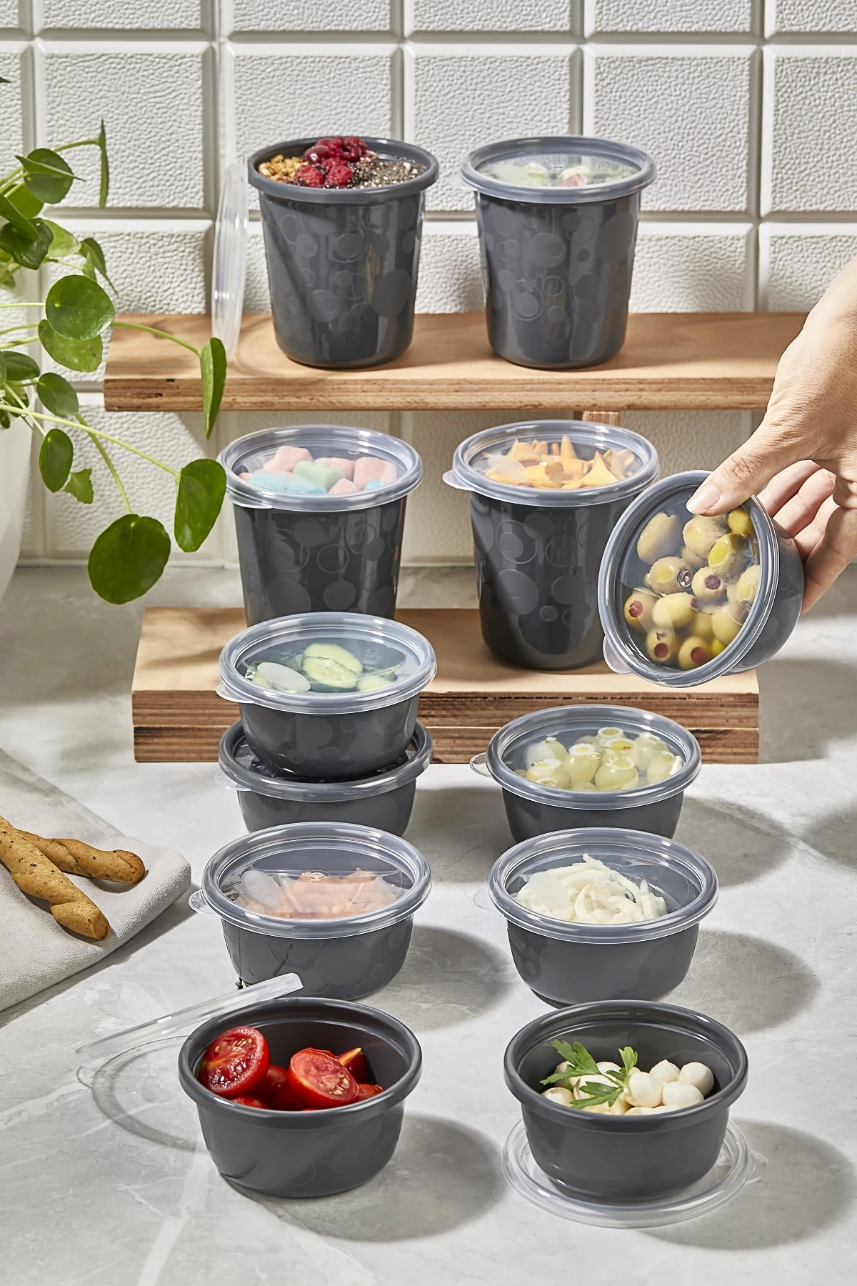 12'li Antrasit Set Sızdırmaz Hava Almaz Kapaklı Yuvarlak Erzak Vs Saklama Kabı 4x500 Ml 8x250 Ml