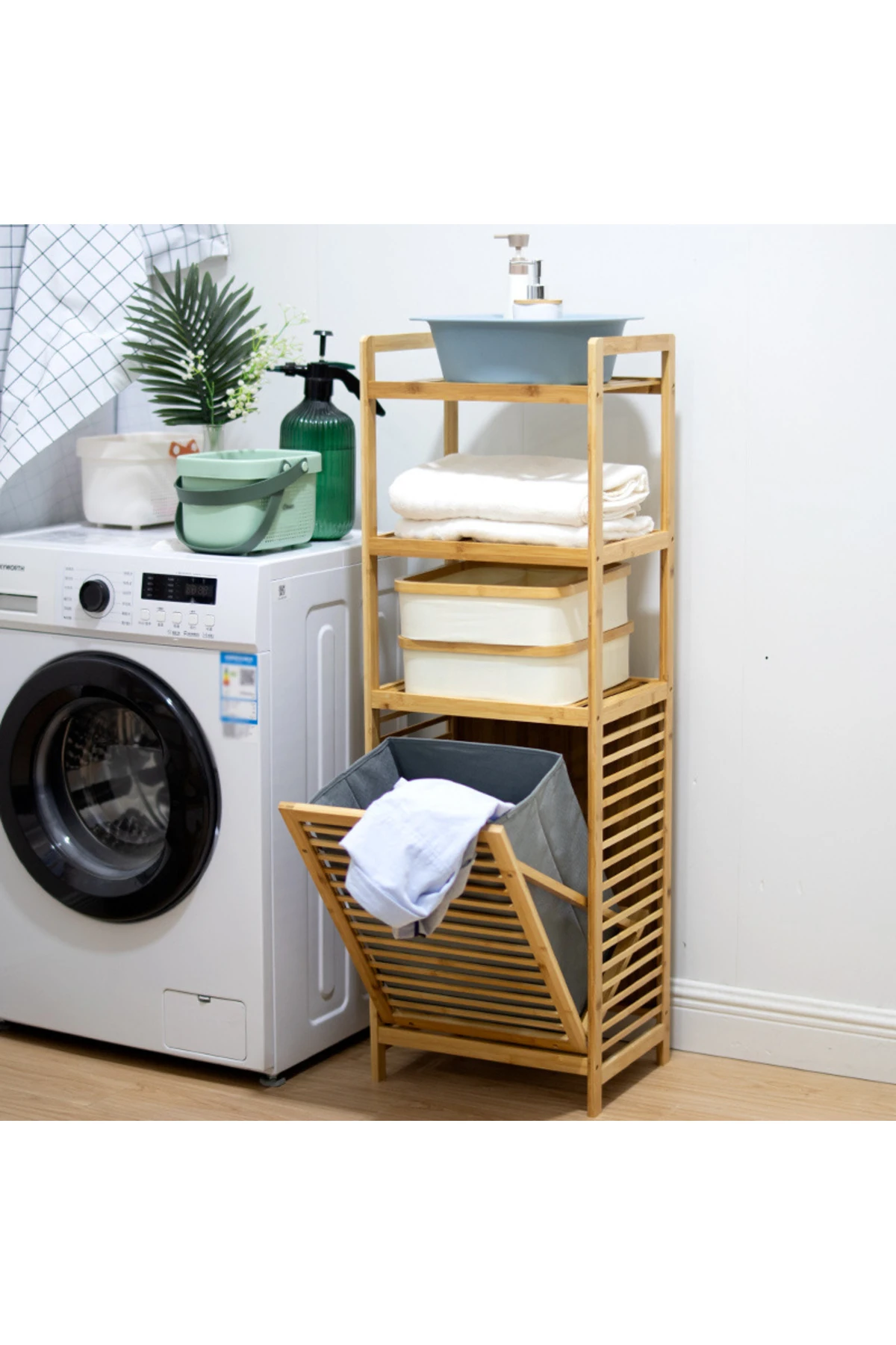 "Çok Amaçlı Bambu Raflı Kirli Çamaşır Sepeti - Banyo ve Çamaşır Odası Düzenleyici"