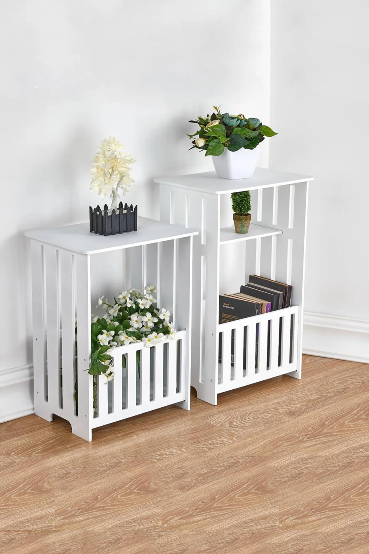 2 Li Ahşap Dekoratif Raf Ünitesi Depolama Rafı , Çiçeklik