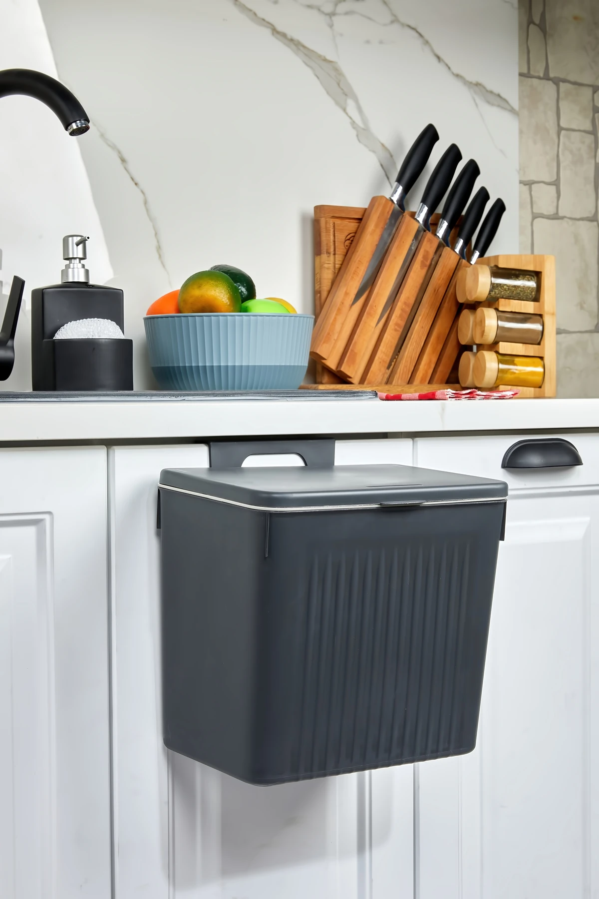 Antrasit 8lt Mutfak Tezgah Üstü Ve Dolap Askılı Çöp Kovası