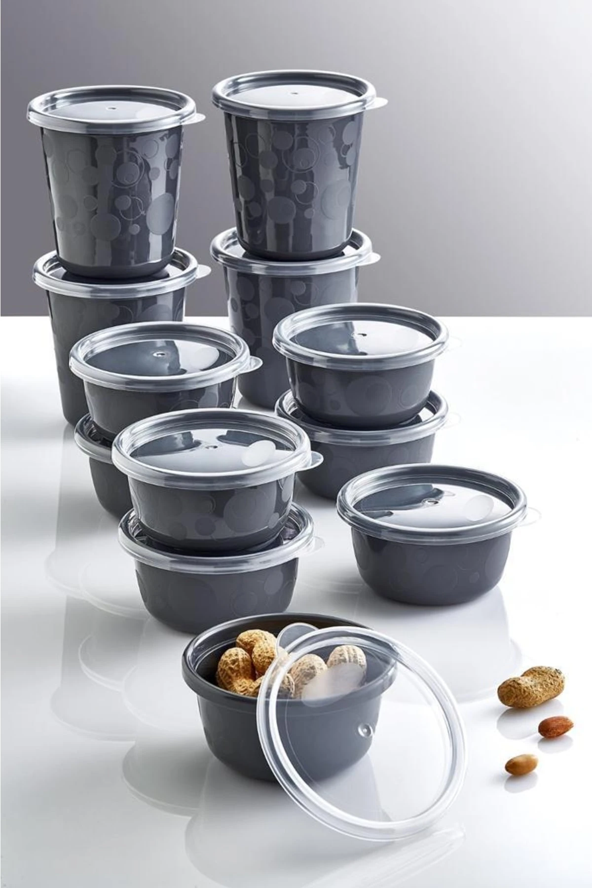 12'li Antrasit Set Sızdırmaz Hava Almaz Kapaklı Yuvarlak Erzak Saklama Kabı 4x500 Ml 8x250 Ml