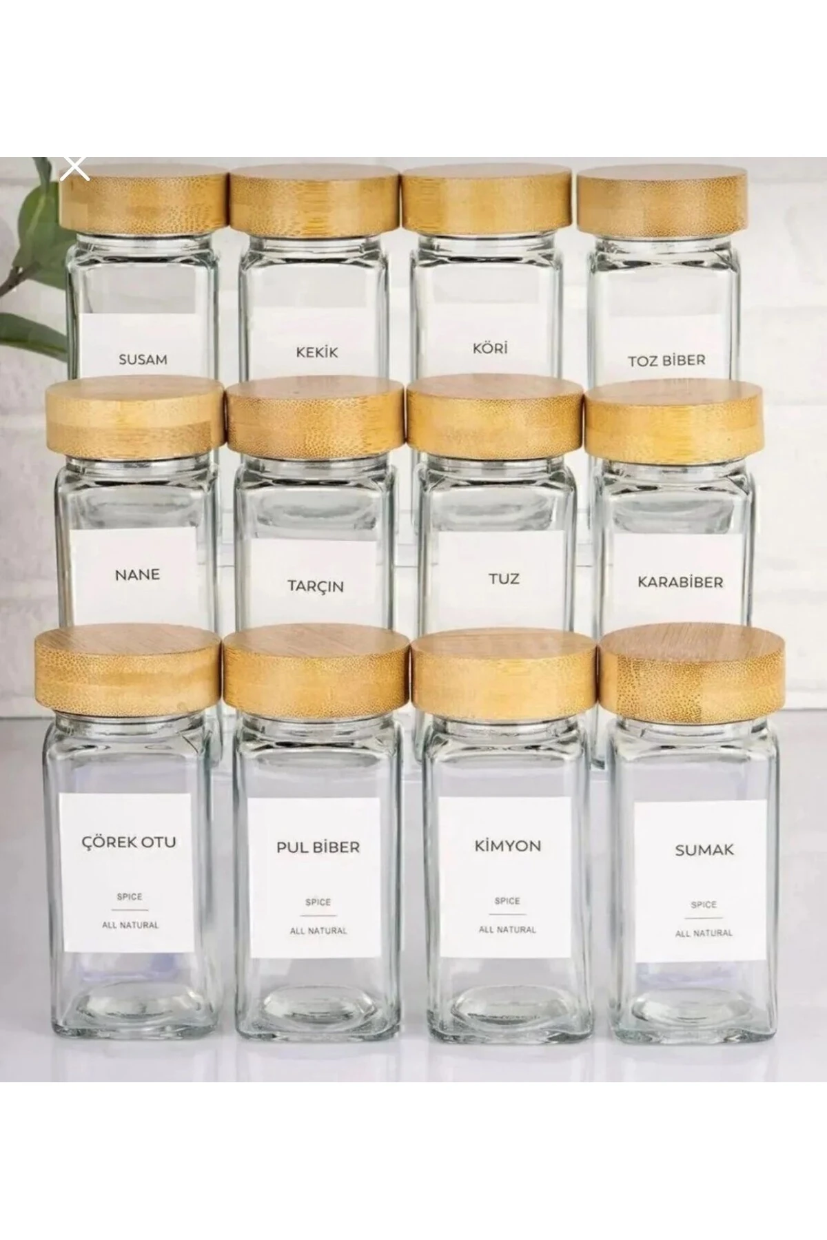 12'li Kare Cam Baharatlık Seti – 120 ml, Bambu Kapaklı, Etiket Hediyeli