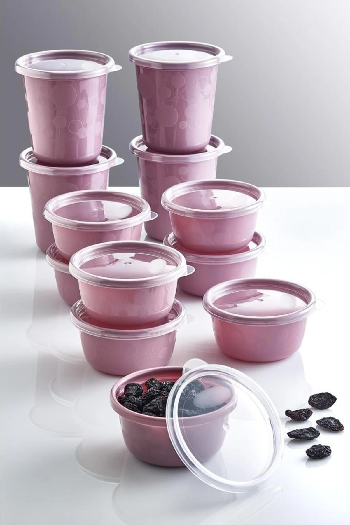 12'li Pembe Set Sızdırmaz Hava Almaz Kapaklı Yuvarlak Erzak Saklama Kabı 4x500 Ml 8x250 Ml