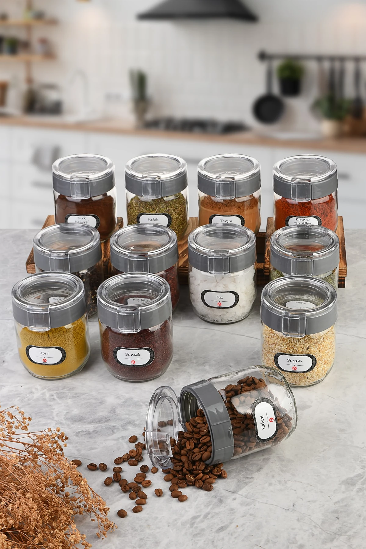 12 Adet Etiketli Baharatlık Seti 425 Ml Cam Baharatlık Takımı