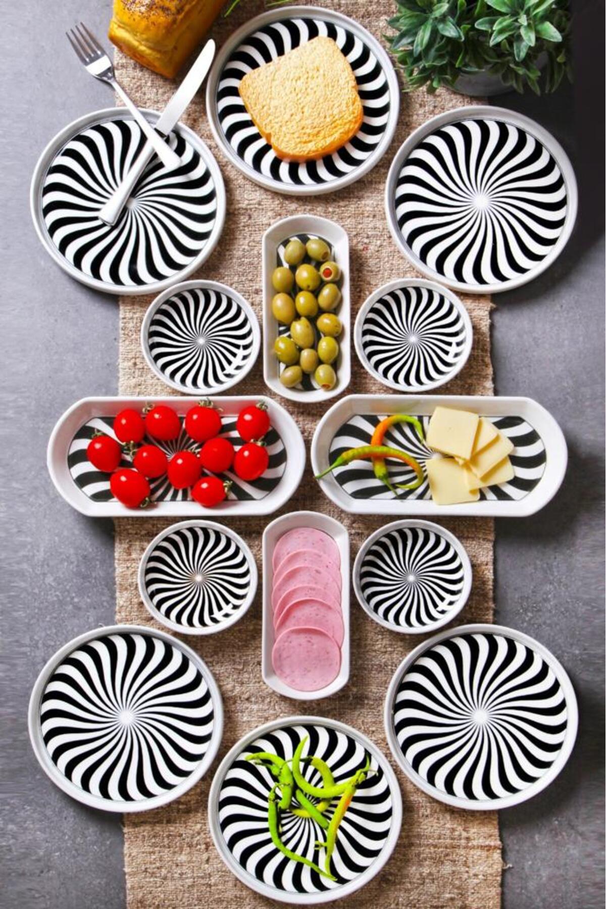 14 Parça 6 Kişilik Black White Kahvaltı Takımı - Lüx Kahvaltılık Sunum Seti Tabağı