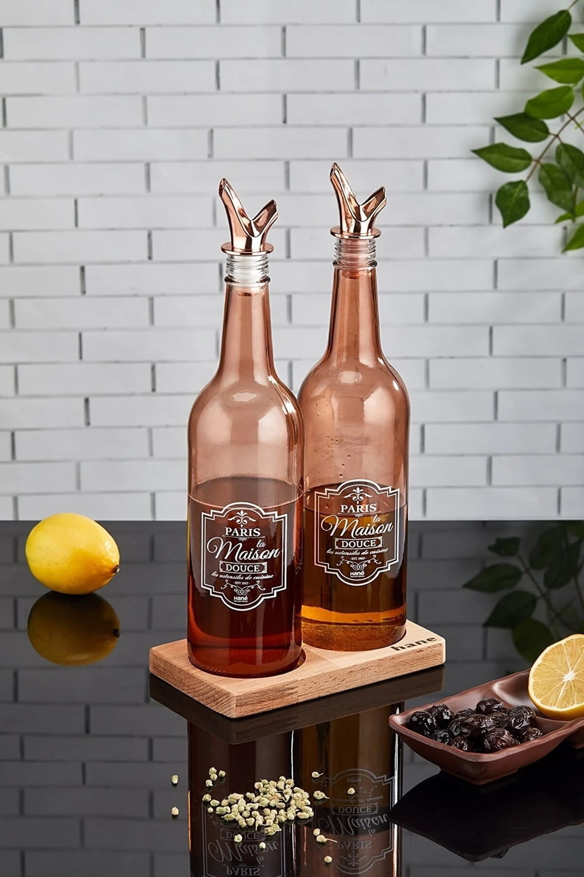 Ahşap Standlı 2`li Rose Gold 750cc Damlatmaz Akıllı Cam Yağlık Sirkelik Sosluk Seti