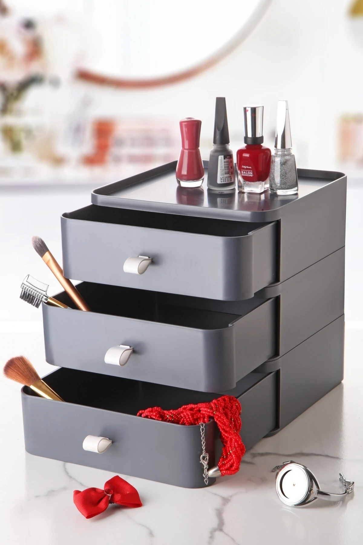 1 3 Katlı Çok Amaçlı Masaüstü Düzenleyici Organizer Çekmece – Takı Aksesuar Saklama Kutusu Gri Plas