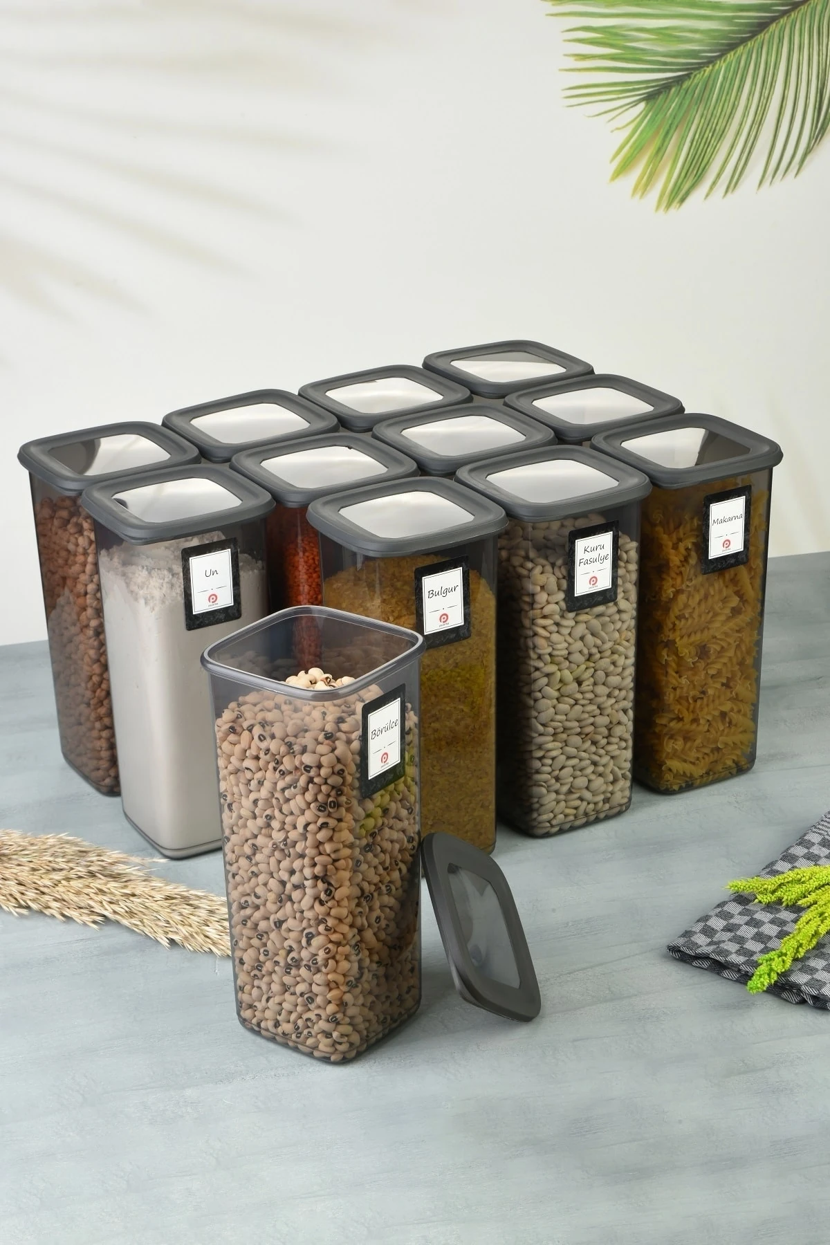 12 Adet 1,75 Lt Suya Dayanıklı Etiketli, Kırılmaz Kare Erzak Saklama Kabı Antrasit