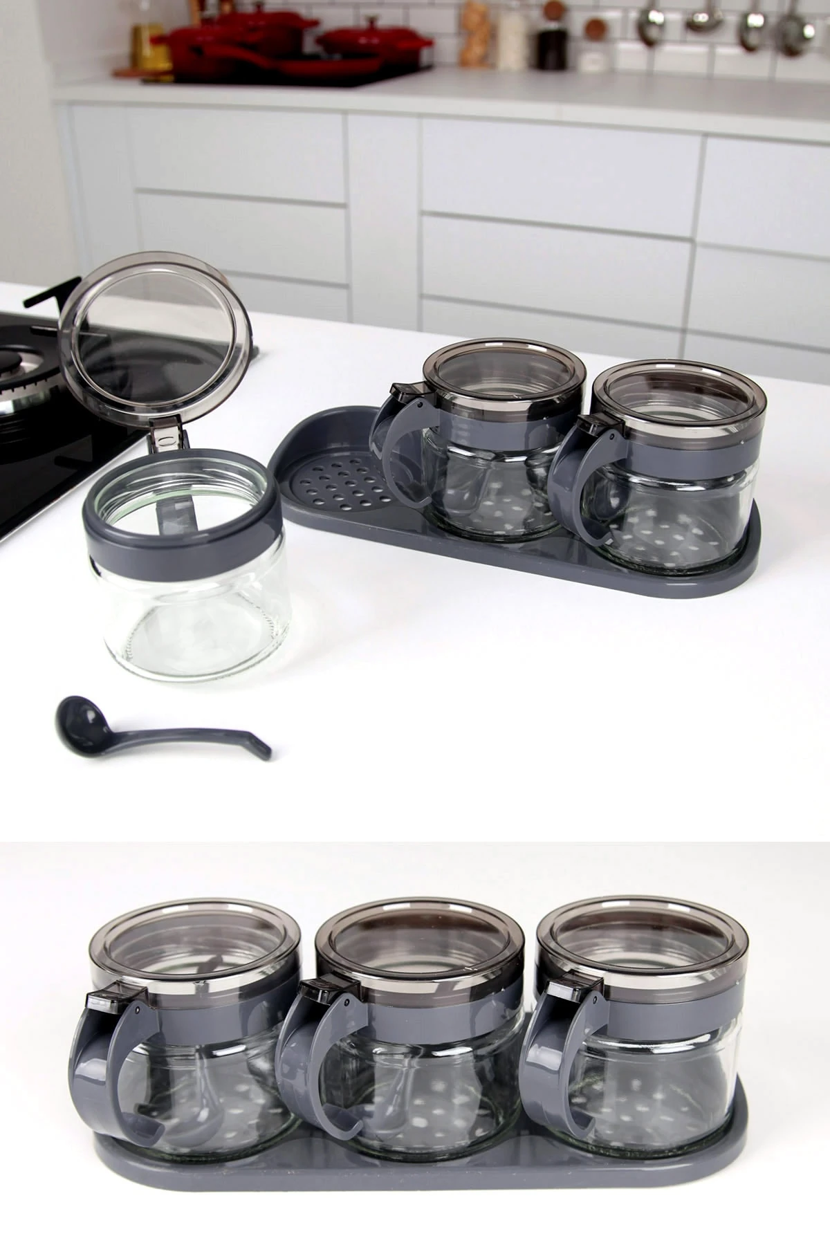 3'lü Standlı Kaşıklı Baharatlık Set