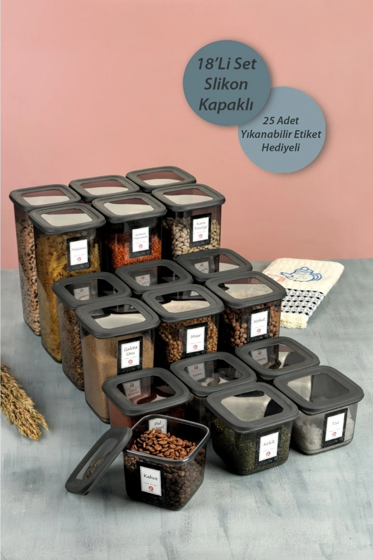 18'li Set Etiketli, Kırılmaz Kare Erzak Saklama Kabı Antrasit X6 1,75 Lt/1,2 Lt/0,5 Lt