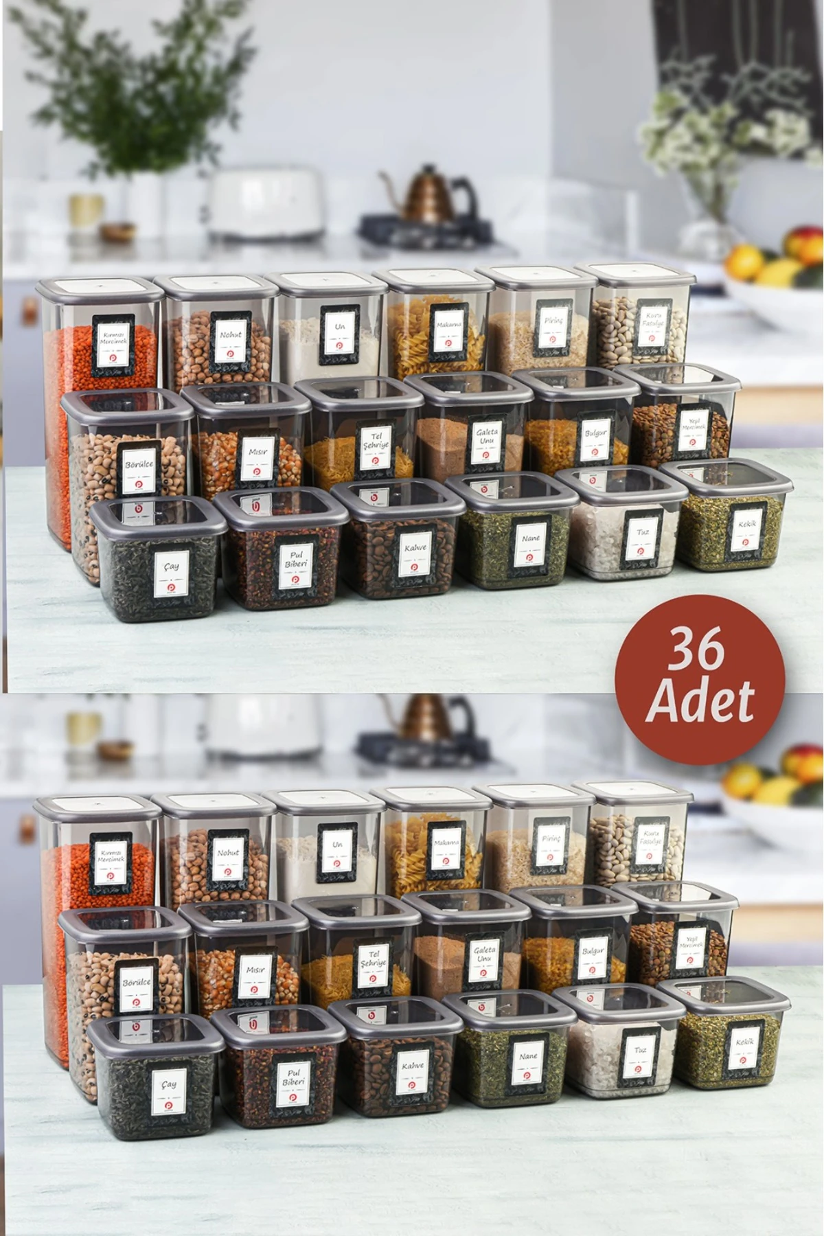 36'lı Set Etiketli, Kırılmaz Kare Kavanoz Erzak Saklama Kabı Antrasit X12 1,75 Lt/1,2 Lt/0,55 Lt