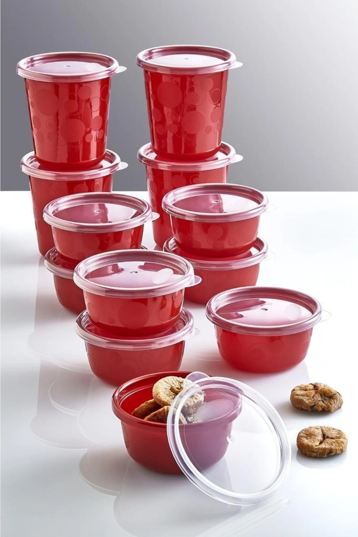 12'li Kırmızı Set Sızdırmaz Hava Almaz Kapaklı Yuvarlak Erzak Saklama Kabı 4x500 Ml 8x250 Ml
