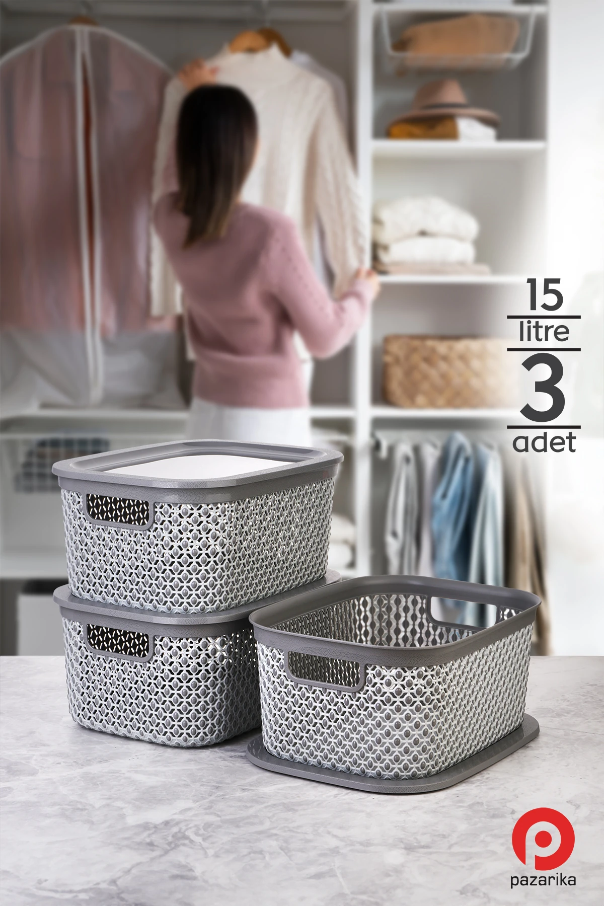 3 Adet 15 Lt Gri Çok Amaçlı Dolap Içi Düzenleyici Kapaklı Kutu, Dekoratif Saklama Kutusu