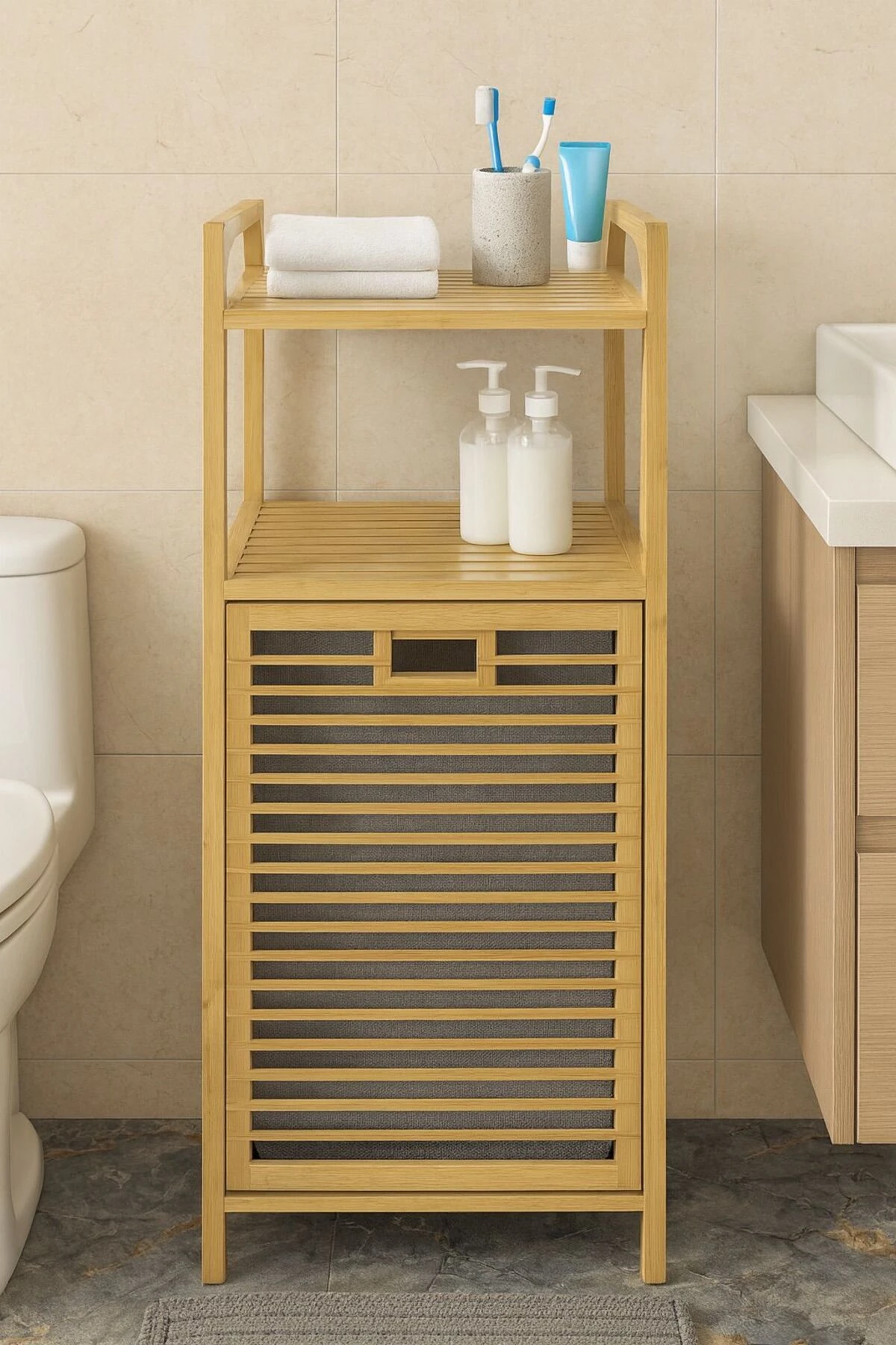 "Çok Amaçlı Bambu Raflı Kirli Çamaşır Sepeti - Banyo ve Çamaşır Odası Düzenleyici"