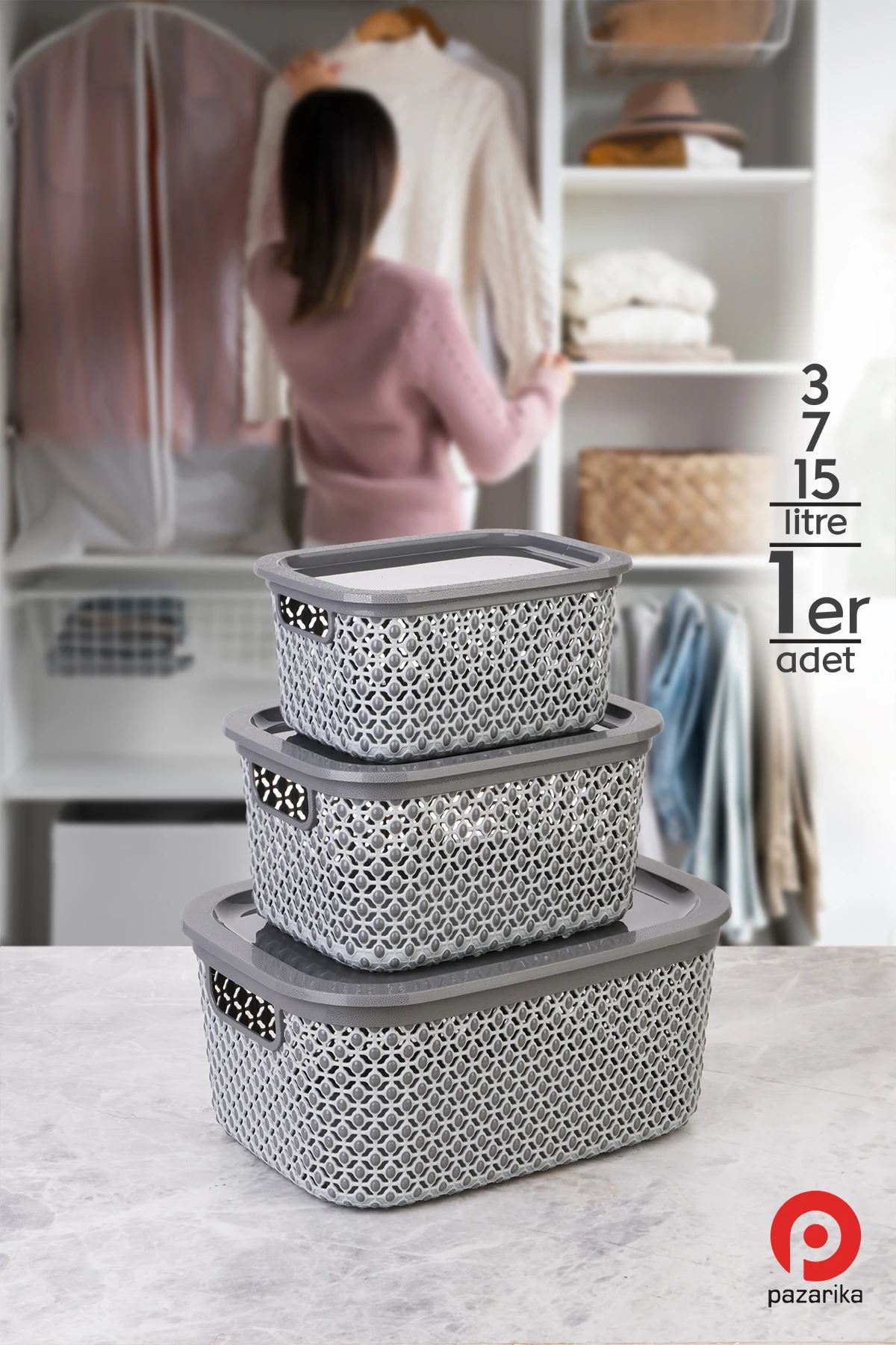 3 Boy Çok Amaçlı Kapaklı Sepet Kutu Organizer / Xl Çamaşır Sepeti - L Banyo Sepeti- M Organizer Gri