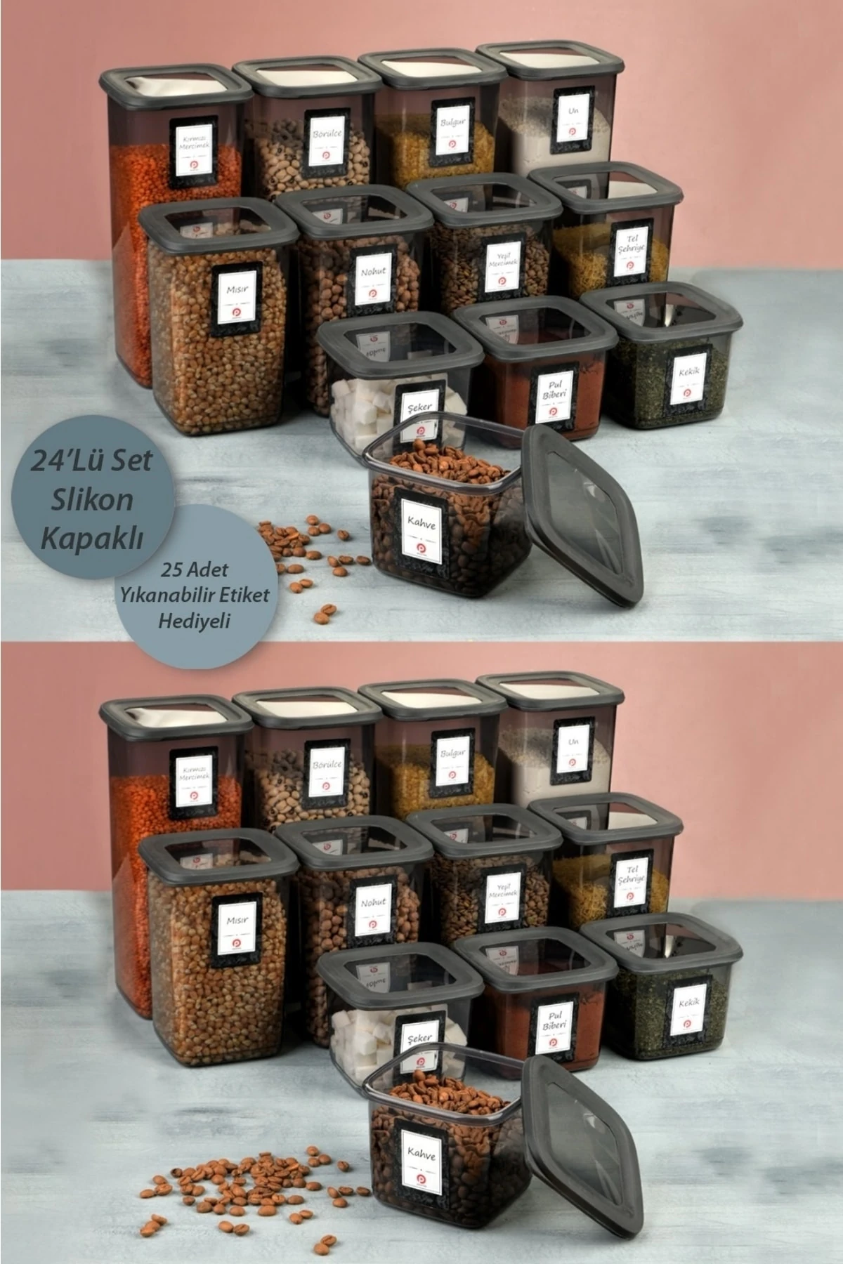 24'lü Set Etiketli, Kırılmaz Kare Erzak Saklama Kabı Antrasit X8 1,75 Lt/1,2 Lt/0,5 Lt