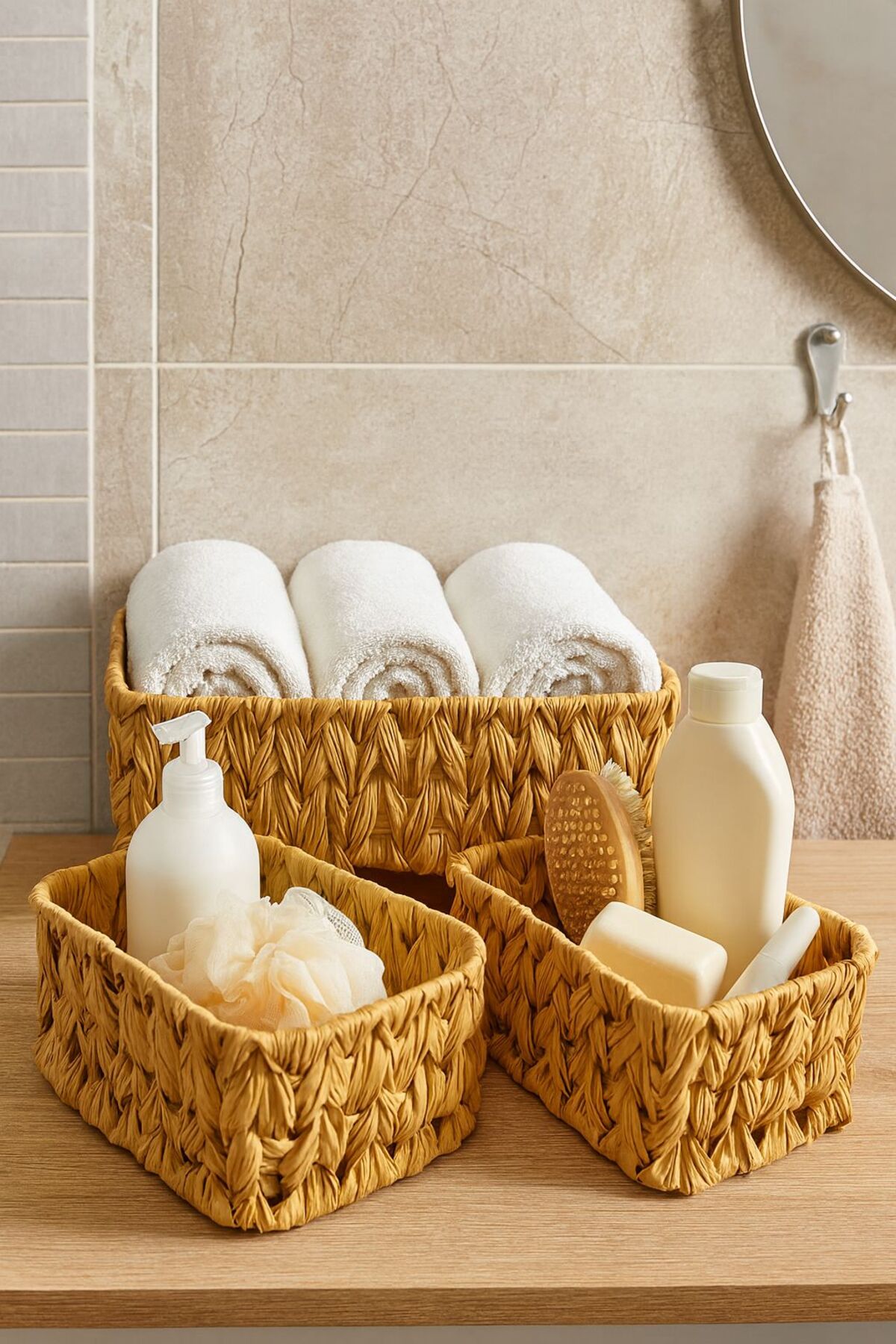 "Doğal Hasır Görünümlü 2 Boy 3’lü Çok Amaçlı Sepet Seti – Organizer & Saklama Kutusu"