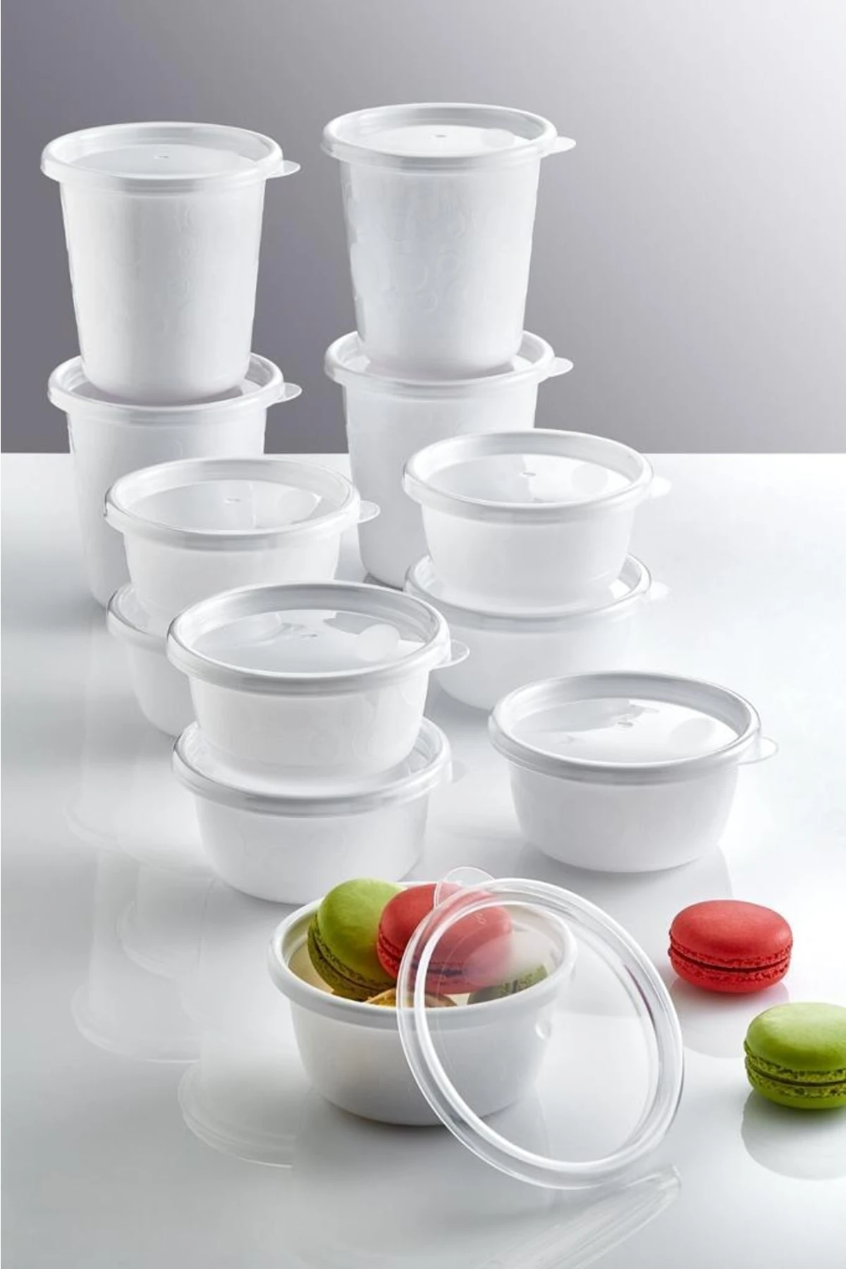 12'li Beyaz Set Sızdırmaz Hava Almaz Kapaklı Yuvarlak Erzak Saklama Kabı 4x500 Ml 8x250 Ml