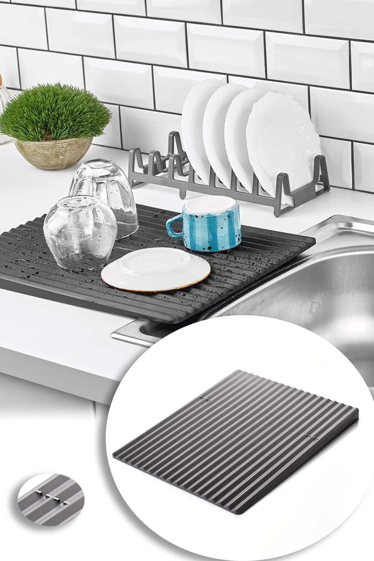 Gri Rinnig Plastik Bulaşık Altlığı Bulaşık Kurutmalığı Tezgah Üstü Süzmatik