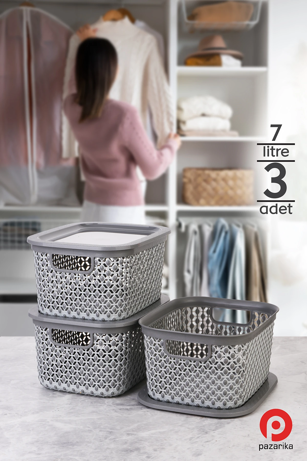 3 Adet 7 Lt Gri Çok Amaçlı Dolap Içi Düzenleyici Kapaklı Kutu, Dekoratif Saklama Kutusu