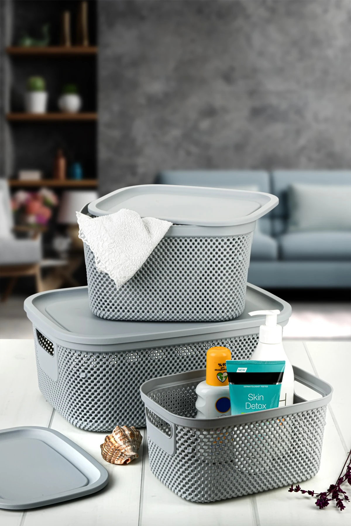 3 Boy Çok Amaçlı Kapaklı Sepet Kutu Organizer / Xl Çamaşır Sepeti - L Banyo Sepeti - M Organizer