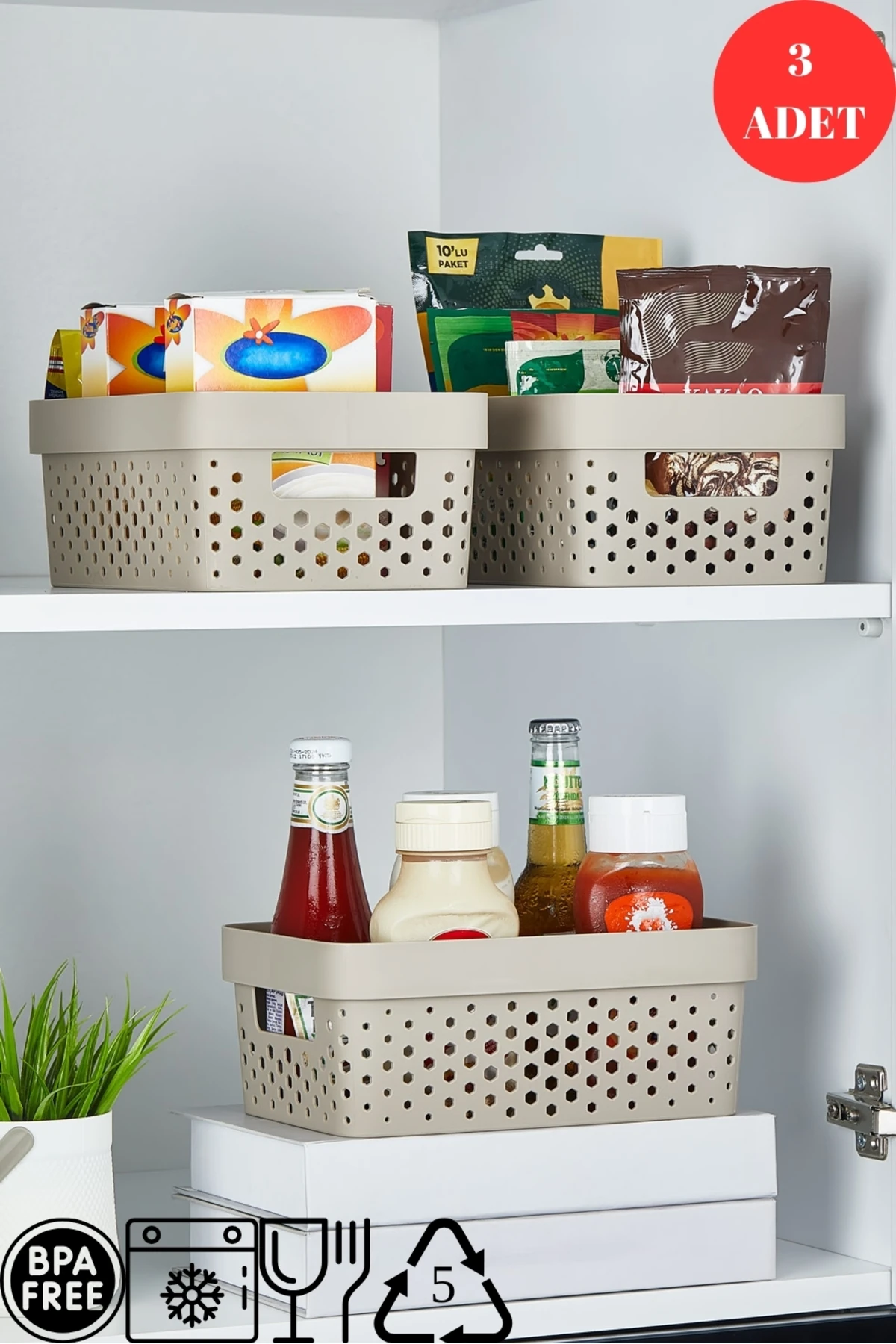 3'Lü Set Penta Düzenleyici Sepet, Mutfak Banyo Dekoratif Çok Amaçlı Organizer ( Kapaksız )