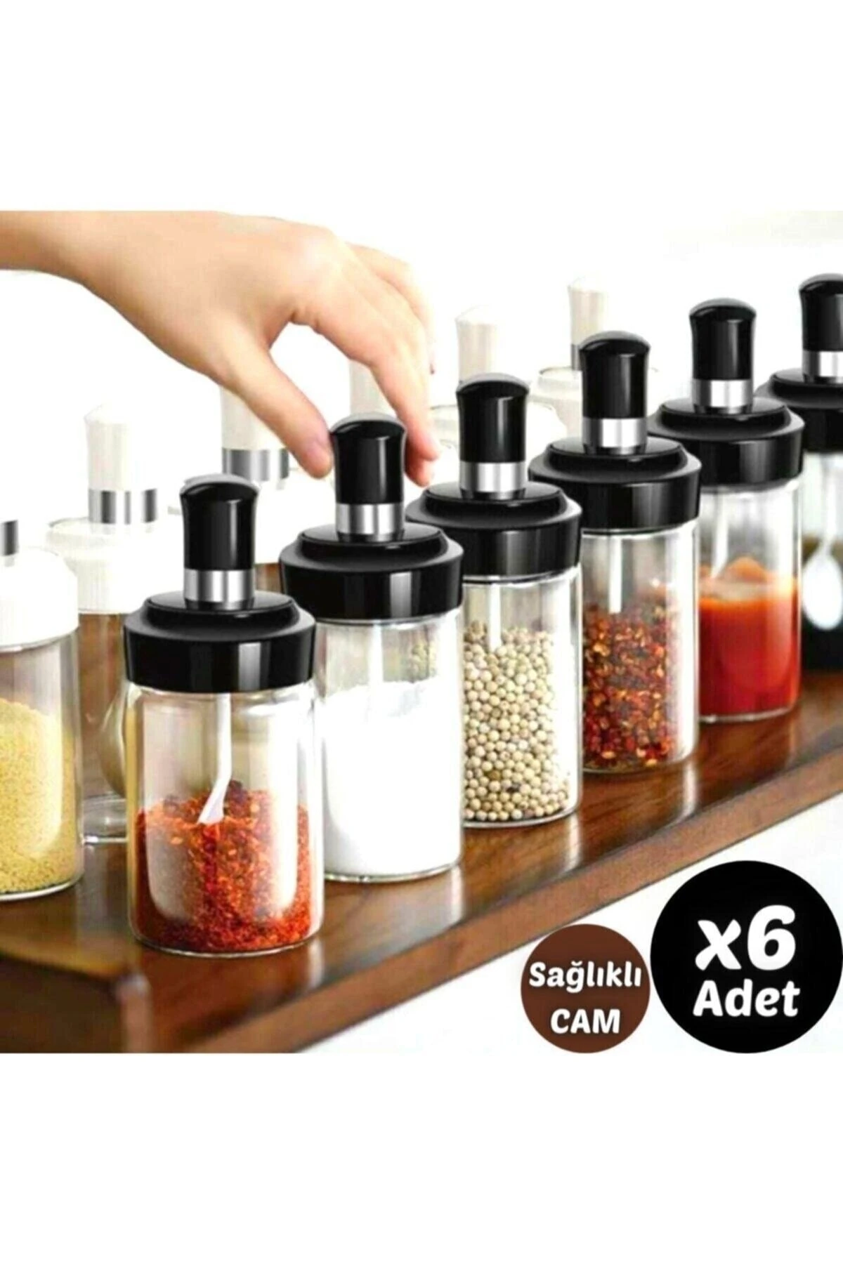 6 Adet Kapağı Kendinden Kaşıklı Baharatlık Seti 300 Ml Baharatlık Takımı