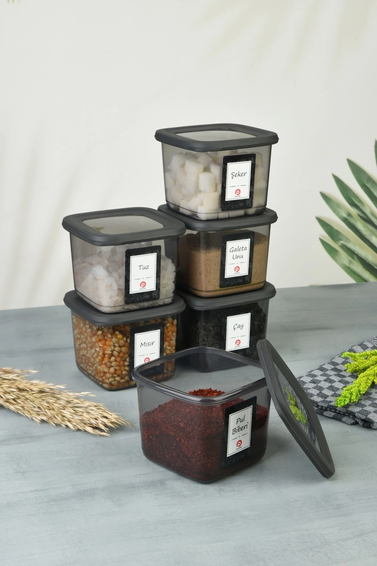 6 Adet 0,5 Lt Suya Dayanıklı Etiketli, Kırılmaz Kare Erzak, Baharat Saklama Kabı Antrasit