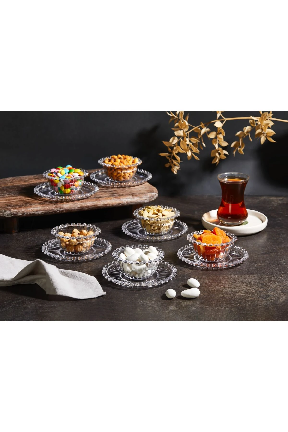 12Parça Boncuklu Mika Akrilik Lokumluk Şık Kahve Yanı Sunum Çikolata Lokum Kasesi Şekerlik Sunumluk