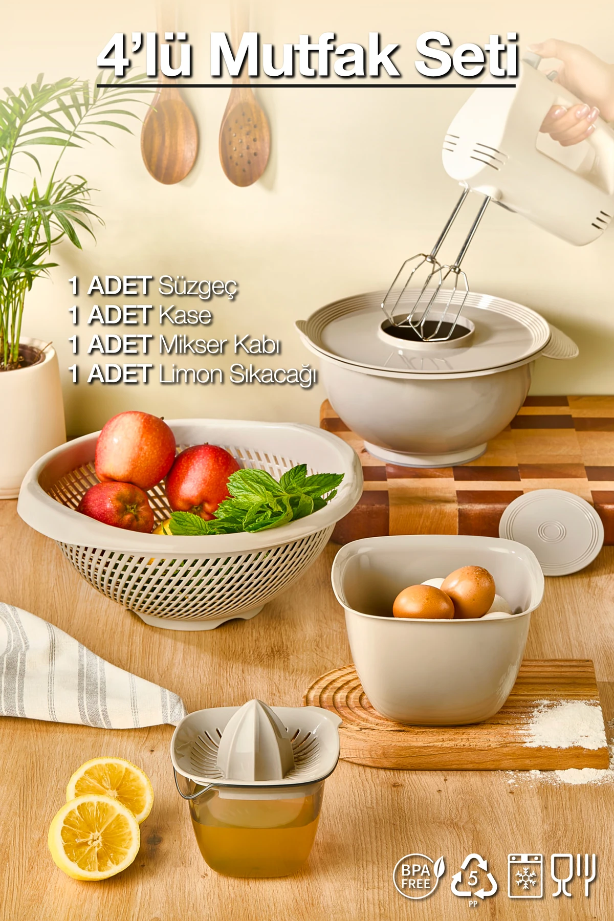 4'lü Mutfak ve Çeyiz Seti | Süzgeç, Kase, Mikser Kabı, Limon Sıkacağı | BPA Free