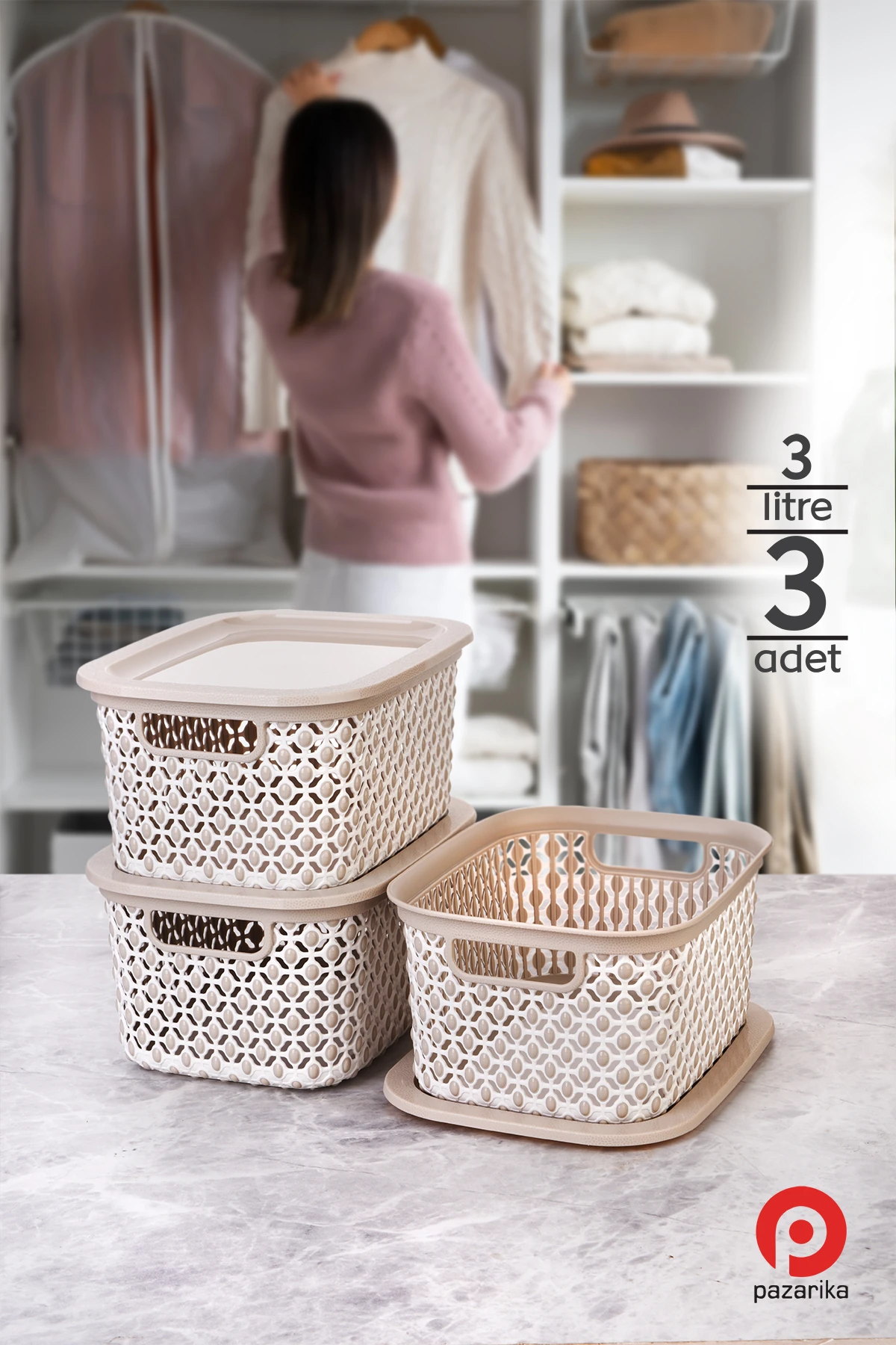 3 Adet 3 Lt Krem Çok Amaçlı Dolap Içi Düzenleyici Kapaklı Kutu, Dekoratif Saklama Kutusu